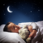 Child sleeping and dreaming in his bed under the moon, stars and